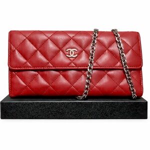 CHANEL Quilted Red Lambskin Long Flap Wallet W/ Box
